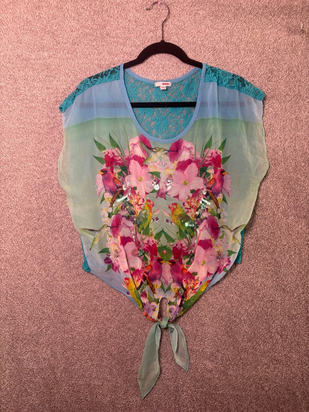 Bongo S Y2K Bird Floral Sequin Lace Back Tie Front Top
